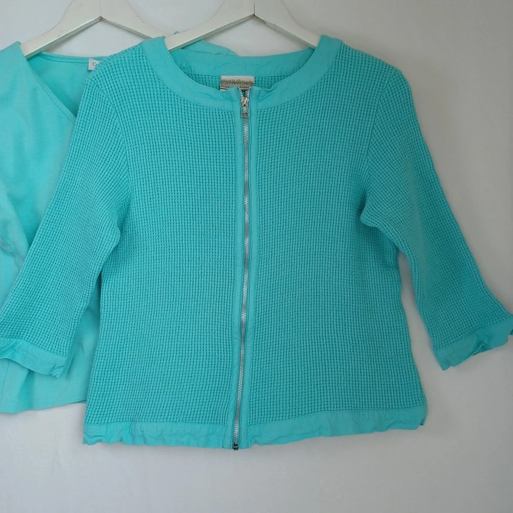 Coldwater Creek Womens Turquoise Cotton Waffle Knit‎ Zip Cardigan & Tee Set L M